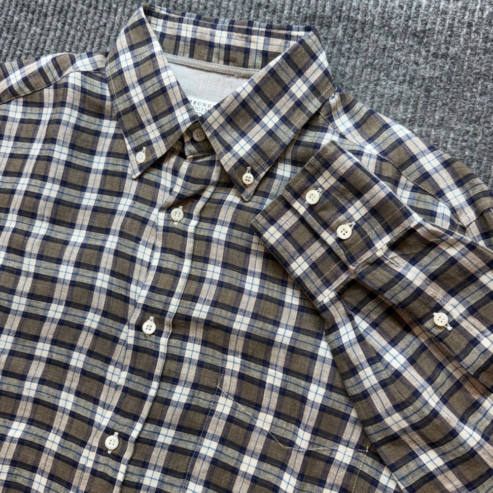 Brunello Cucinelli Mens Large Brown Blue Linen Plaid Button Down Shirt Italy
